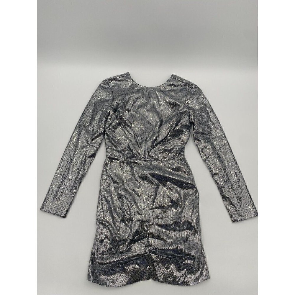 MSGM Milano Ruched Women Silver Grey Sequins Long Sleeve Midi Dress Size 42